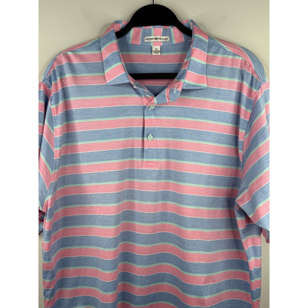 Peter Millar Mens XL Polo Shirt Pink Blue Mint Striped 100% Cotton Golf Preppy